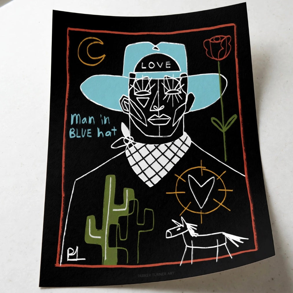 “man in blue hat” print