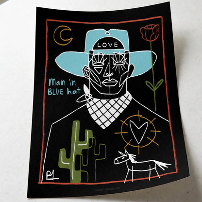 “man in blue hat” print