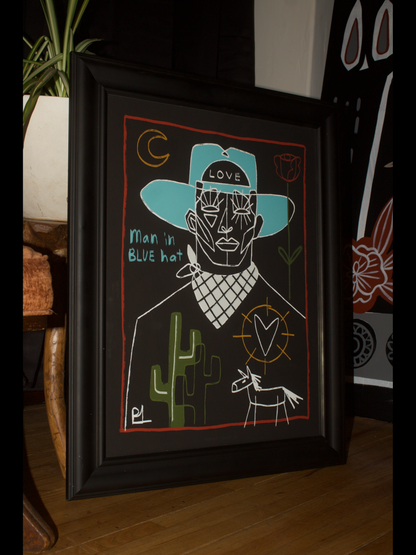“man in blue hat” print
